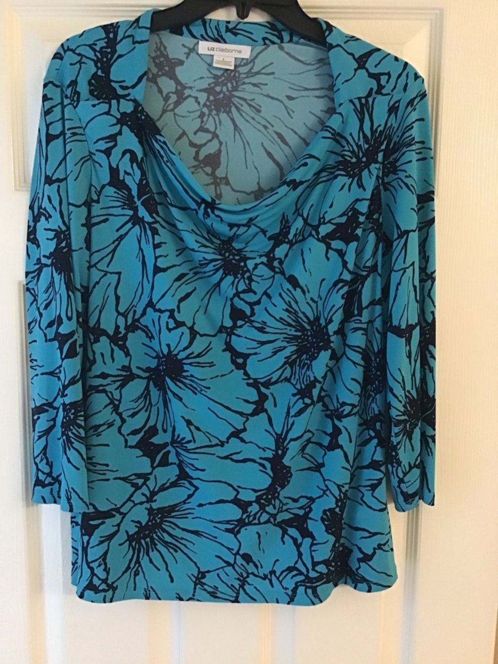 Liz Claiborne Turquoise and Navy Floral Cowl Neck 3/4 Sleeve Top